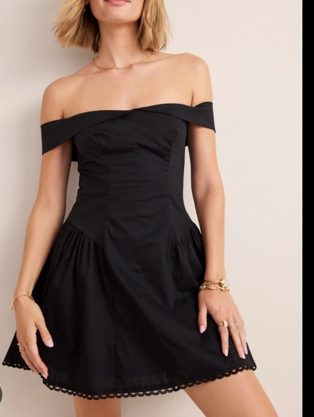 Francesca's Off The Shoulder Classy Mini Black Cotton Dress NWT!!